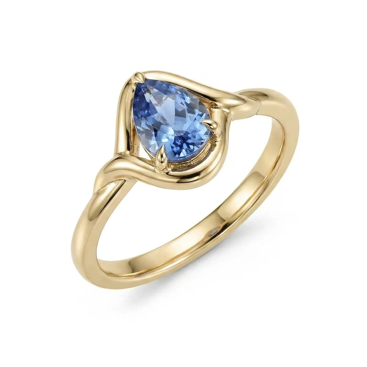 14K gold pear-cut blue lab sapphire ring with slim band