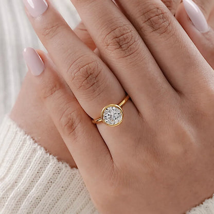 14K yellow gold bezel-set round 1.2ct lab-grown diamond minimalist ring with thin band