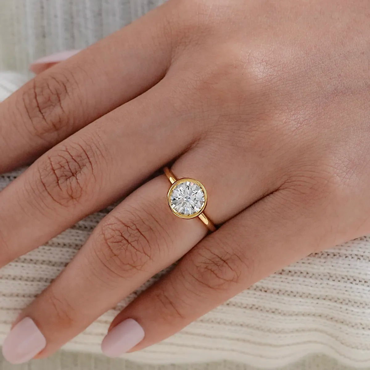 14K yellow gold bezel-set round 1.2ct lab-grown diamond minimalist ring with thin band