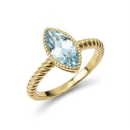 14k yellow gold marquise cut blue lab grown diamond solitaire ring