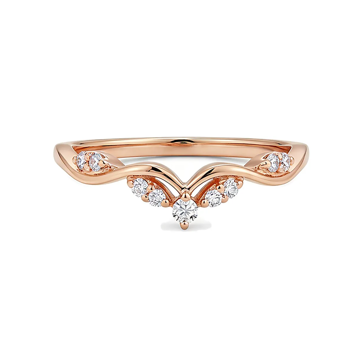 14K rose gold V-shaped stacking ring with delicate lab-grown diamonds, perfect for engagement ring pairing
