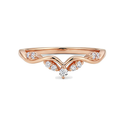 14K rose gold V-shaped stacking ring with delicate lab-grown diamonds, perfect for engagement ring pairing