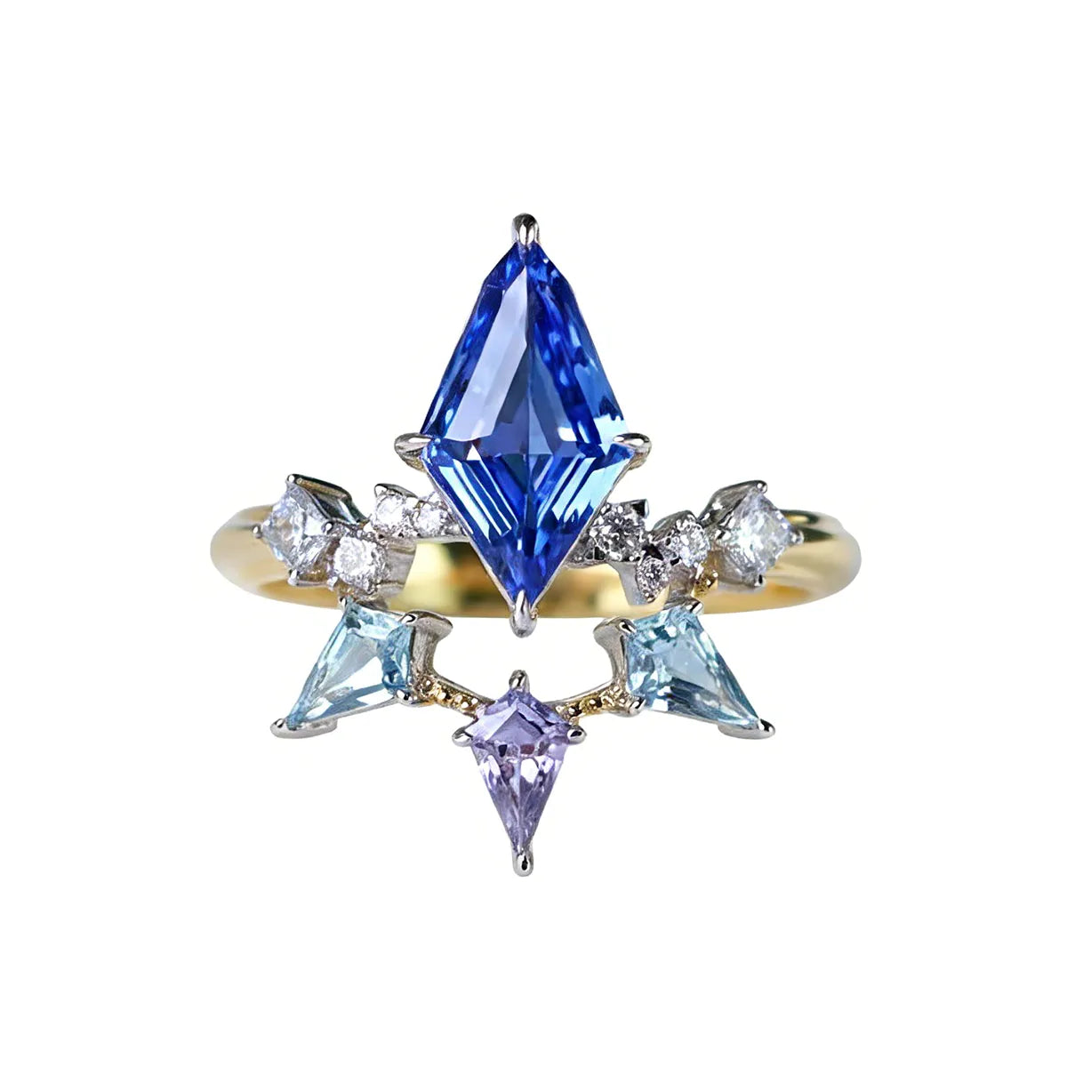 14K gold kite-cut lab-grown blue diamond ring with round lab-grown white diamond accents