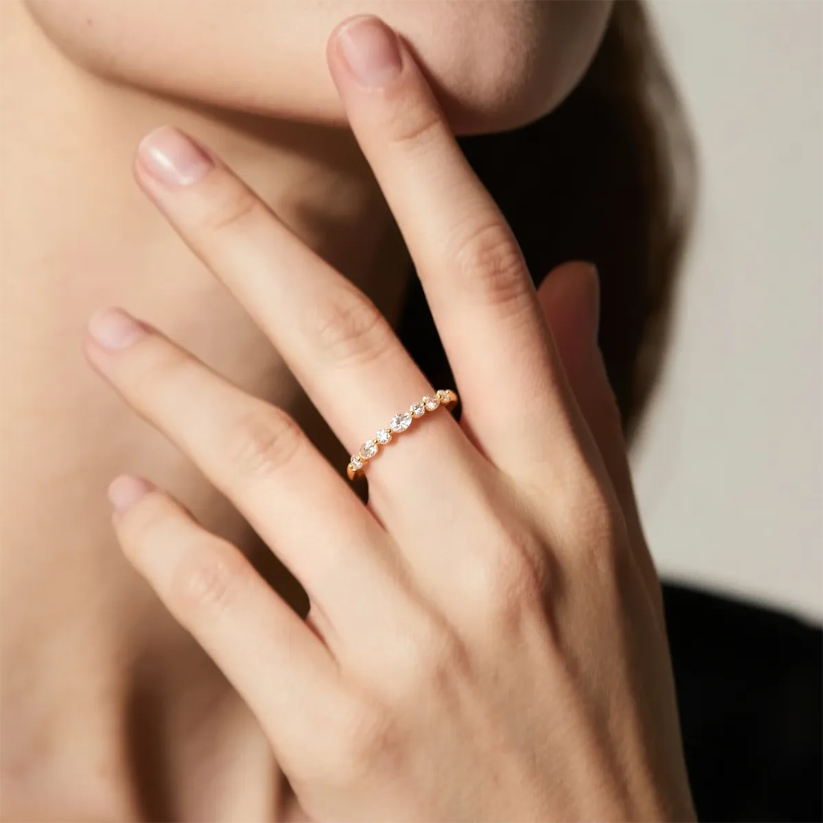 14K gold marquise cut lab grown diamond half eternity ring stacking band