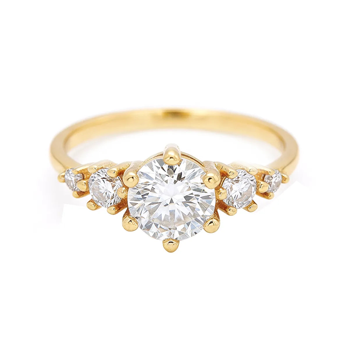 14K yellow gold round cut lab grown diamond three stone engagement ring