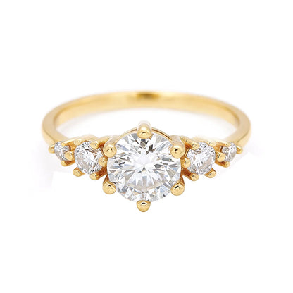 14K yellow gold round cut lab grown diamond three stone engagement ring