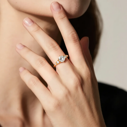 14K yellow gold round cut lab grown diamond three stone engagement ring