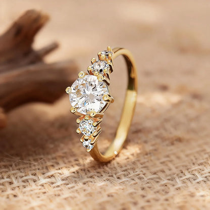 14K yellow gold round cut lab grown diamond three stone engagement ring