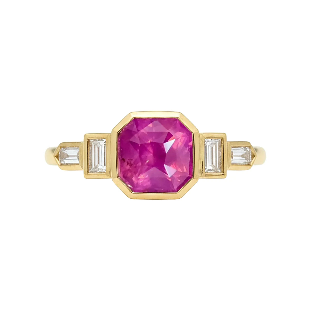 Bezel-set octagon step-cut lab-grown pink diamond ring in 14K gold