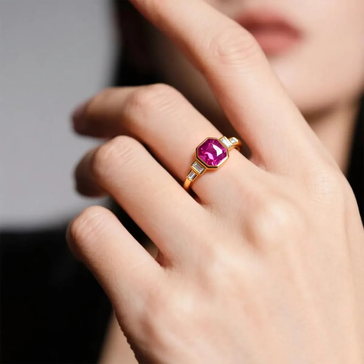 Bezel-set octagon step-cut lab-grown pink diamond ring in 14K gold