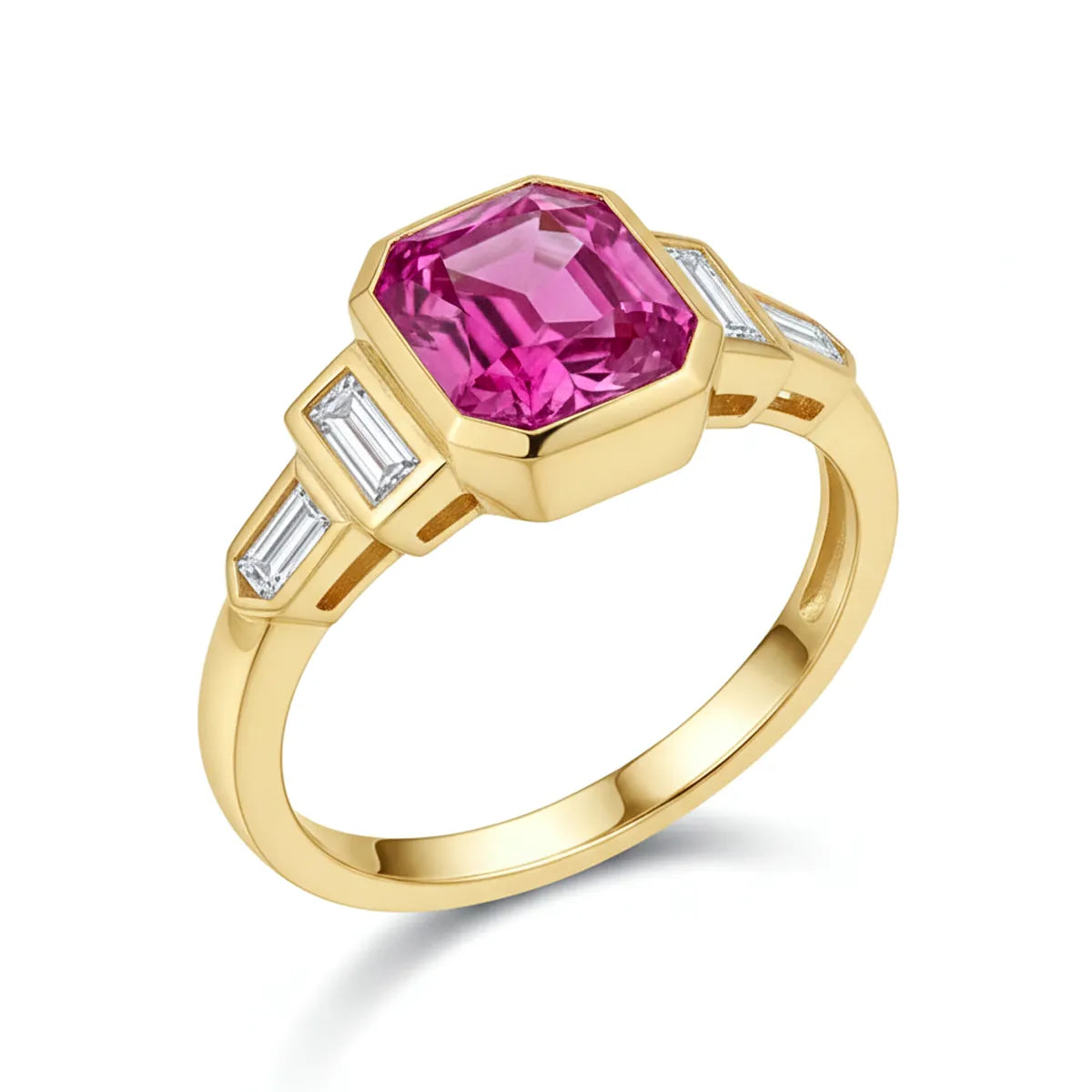 Bezel-set octagon step-cut lab-grown pink diamond ring in 14K gold