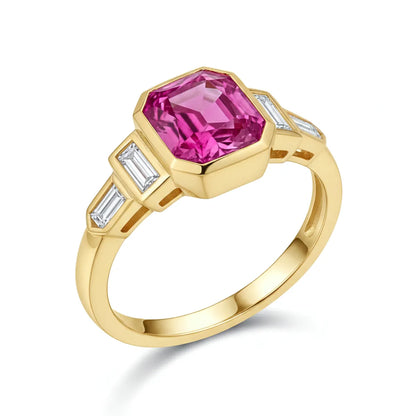 Bezel-set octagon step-cut lab-grown pink diamond ring in 14K gold