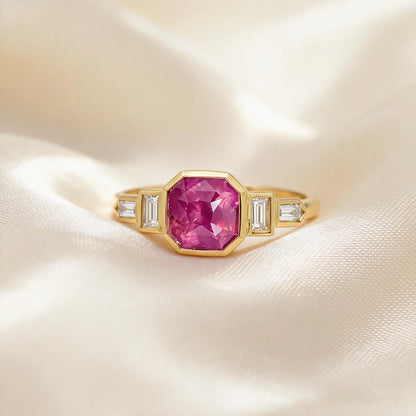 Bezel-set octagon step-cut lab-grown pink diamond ring in 14K gold