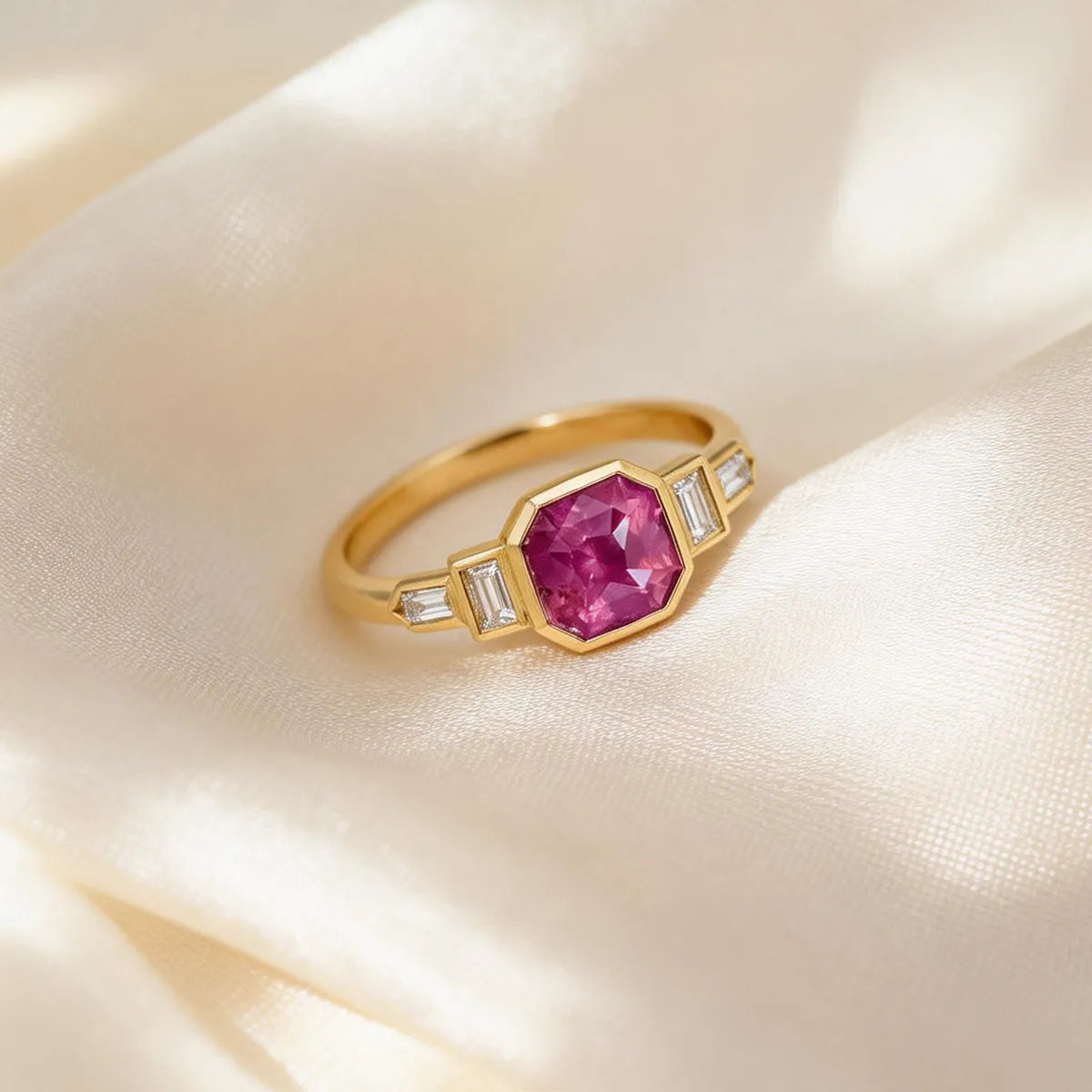 Bezel-set octagon step-cut lab-grown pink diamond ring in 14K gold