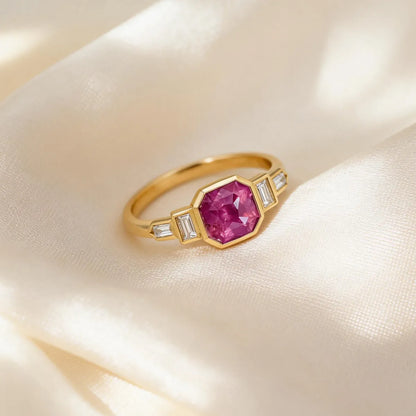 Bezel-set octagon step-cut lab-grown pink diamond ring in 14K gold
