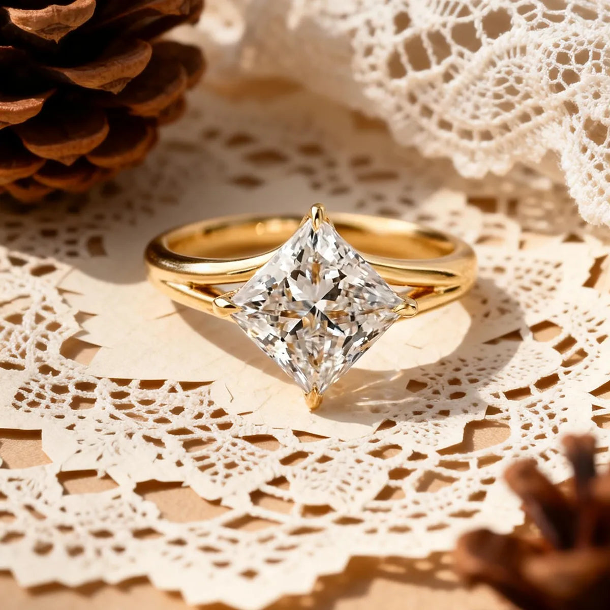 classic princess cut moissanite solitaire ring in 14k gold with four prong setting