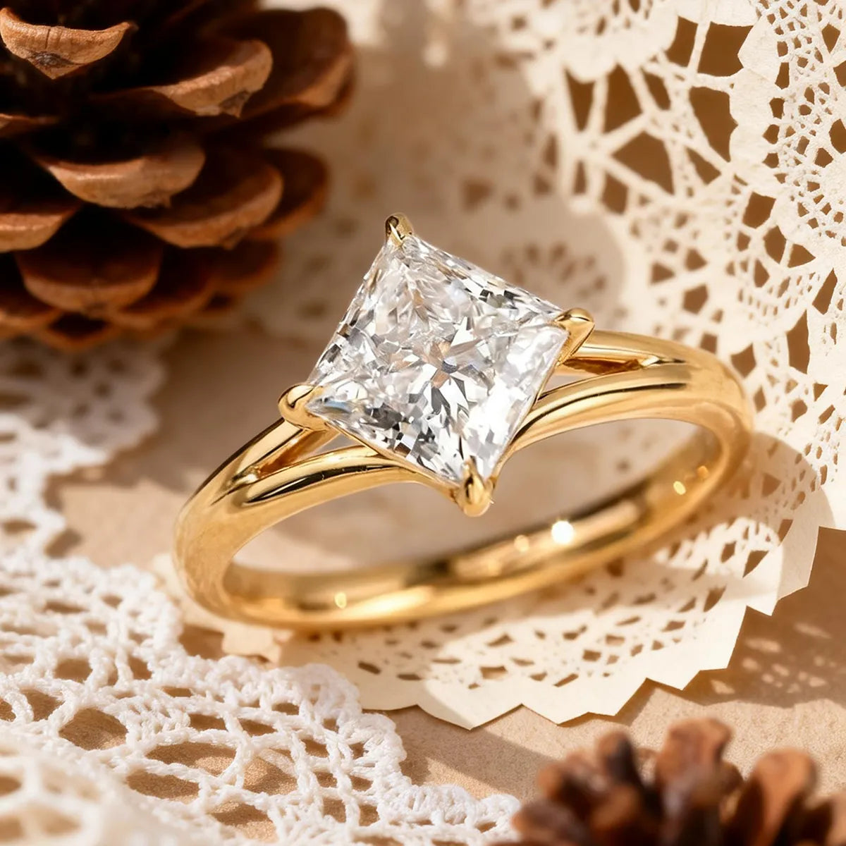 classic princess cut moissanite solitaire ring in 14k gold with four prong setting