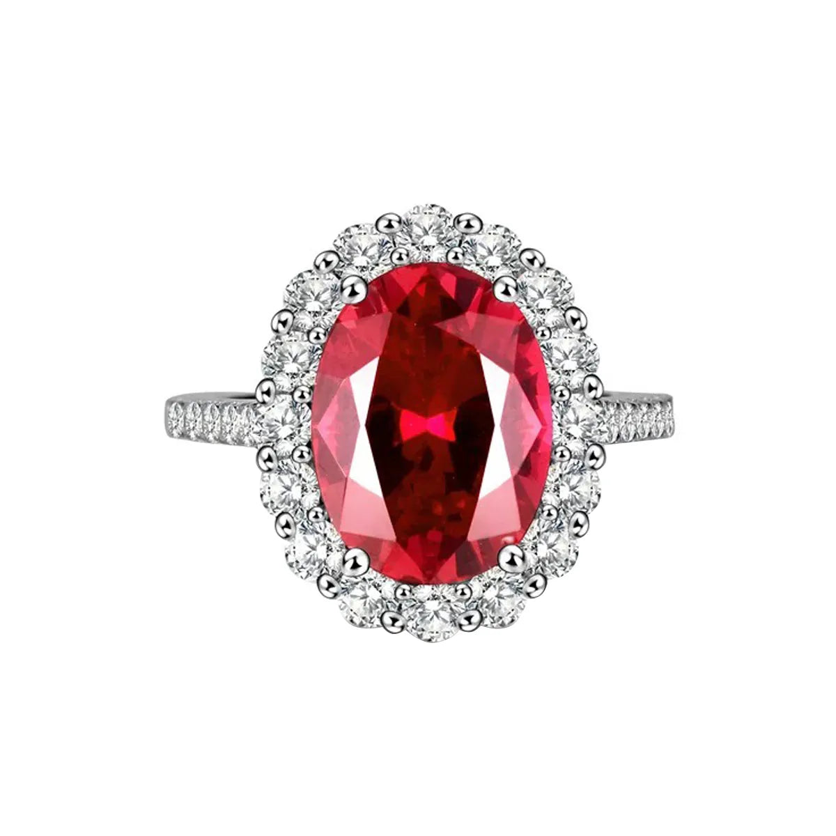 Crimson Glow oval halo ring in 14K white gold featuring a 2.0ct oval-cut red lab-grown diamond with lab-grown diamond pavé band