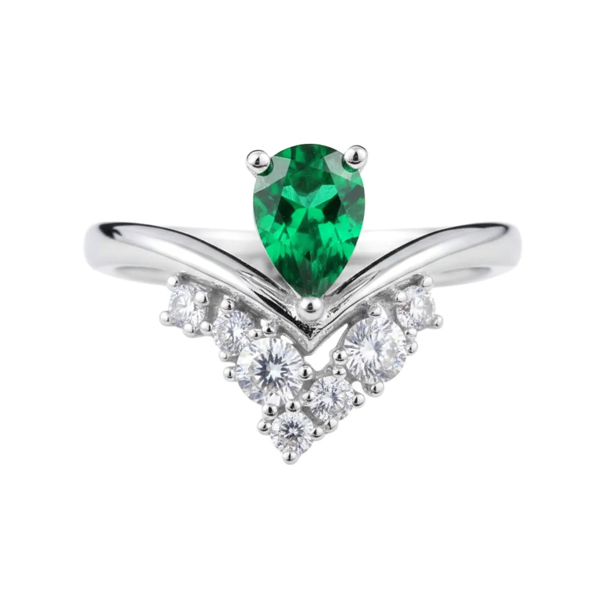 14K white gold V-bypass ring with pear-cut lab-grown green diamond and round white diamond accents
