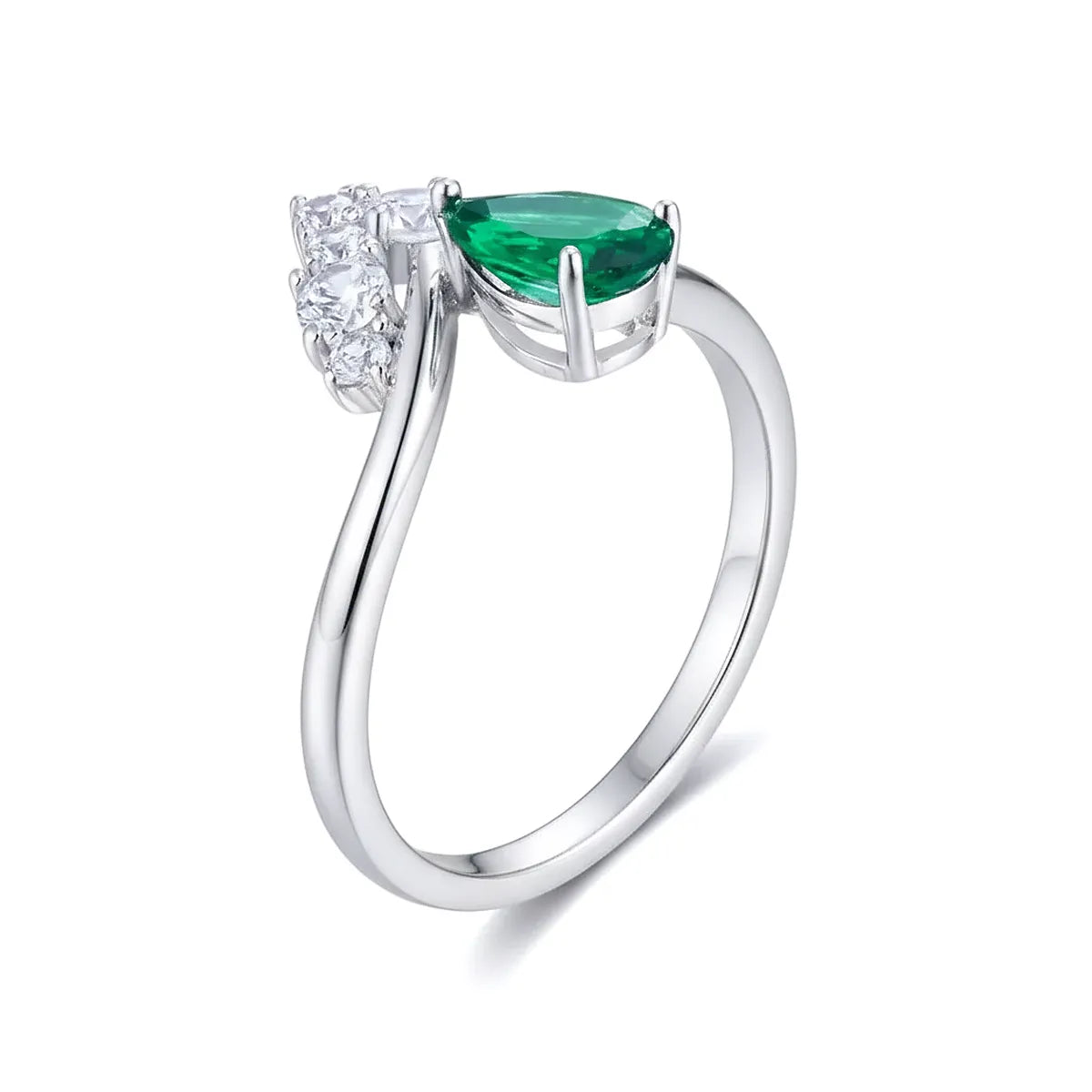 14K white gold V-bypass ring with pear-cut lab-grown green diamond and round white diamond accents