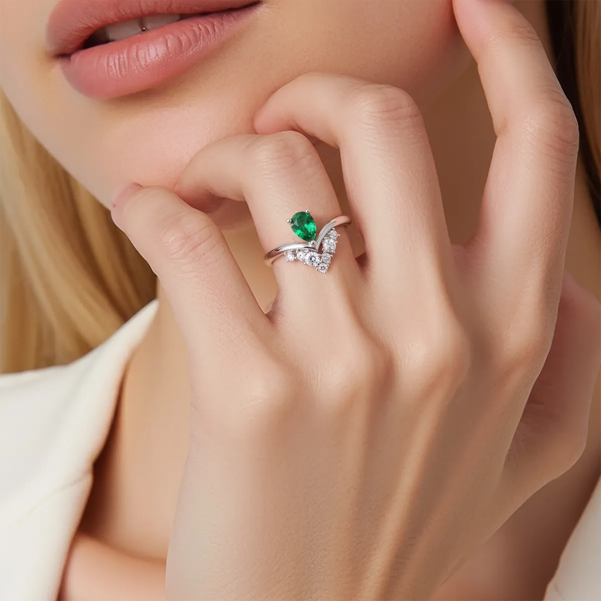 14K white gold V-bypass ring with pear-cut lab-grown green diamond and round white diamond accents