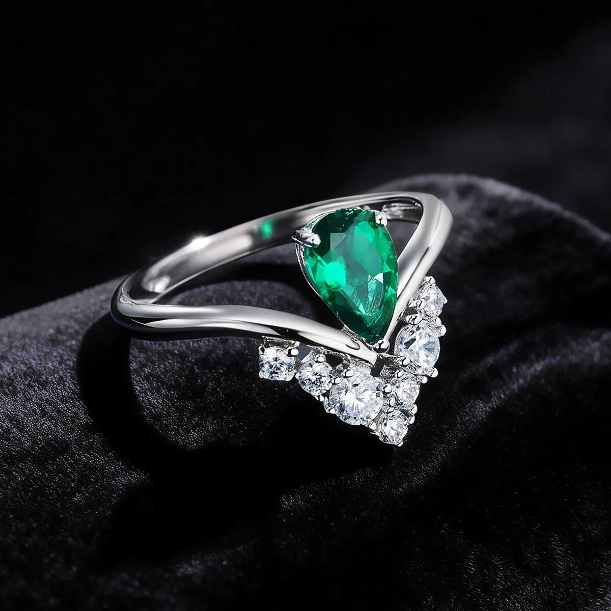 14K white gold V-bypass ring with pear-cut lab-grown green diamond and round white diamond accents