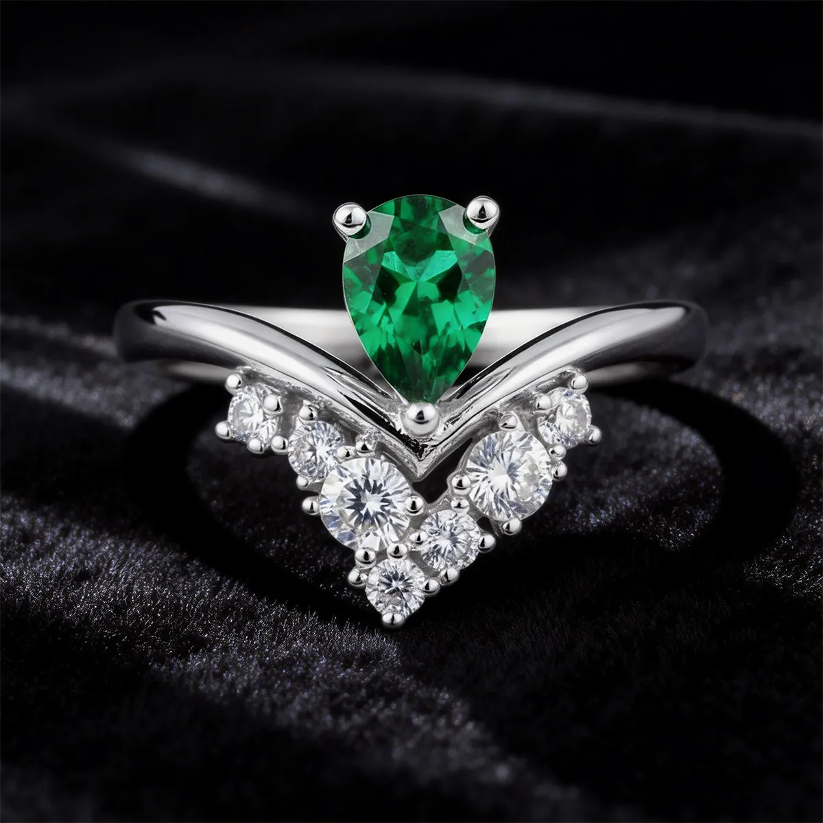 14K white gold V-bypass ring with pear-cut lab-grown green diamond and round white diamond accents