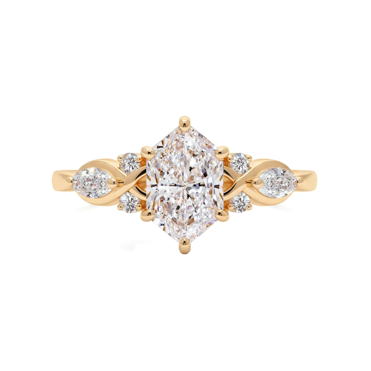 Hexagon-cut 1.5ct lab-grown diamond engagement ring with marquise and round accent stones, 14K gold band