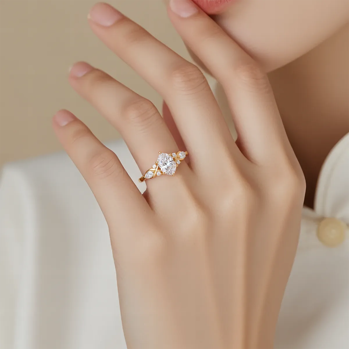 Hexagon-cut 1.5ct lab-grown diamond engagement ring with marquise and round accent stones, 14K gold band