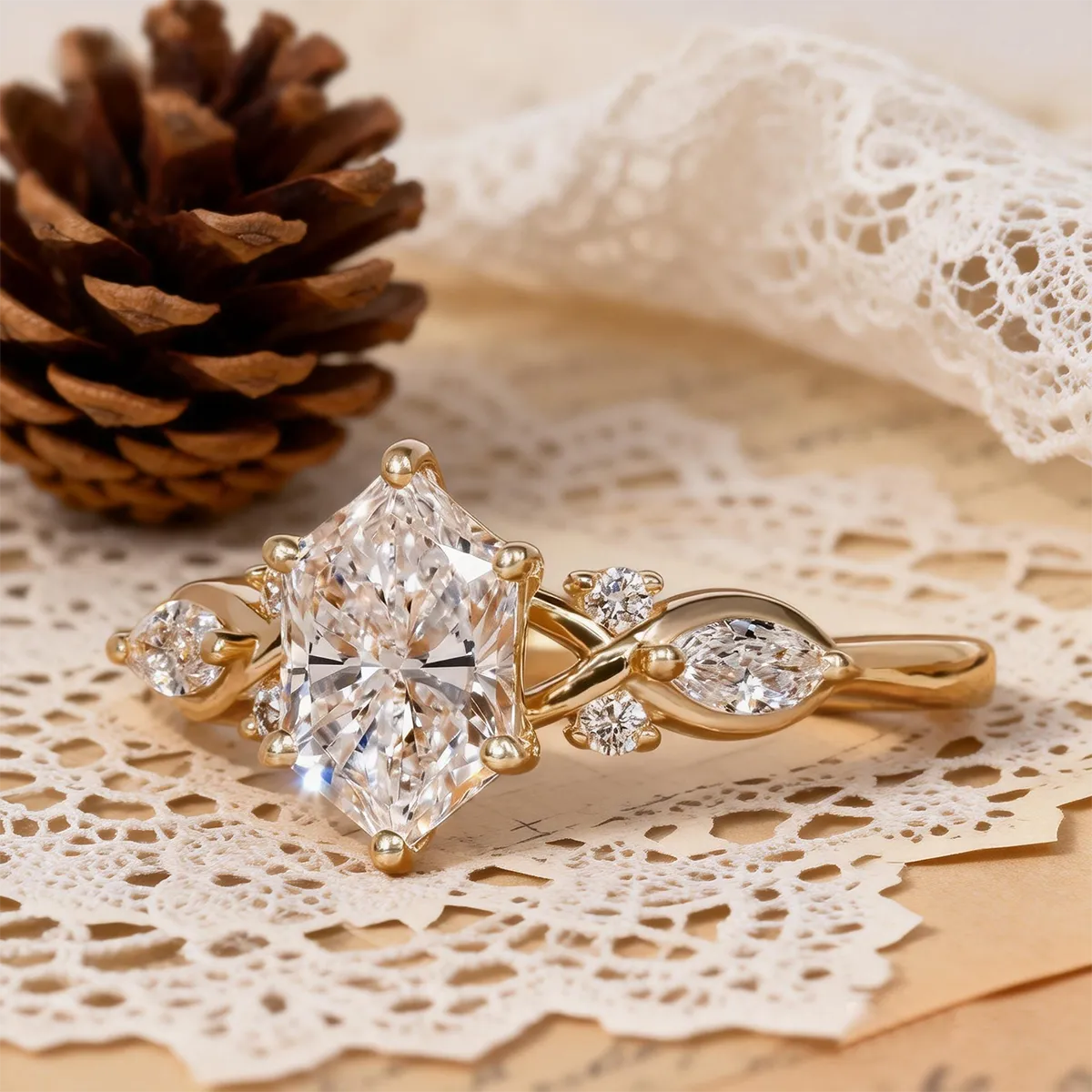 Hexagon-cut 1.5ct lab-grown diamond engagement ring with marquise and round accent stones, 14K gold band