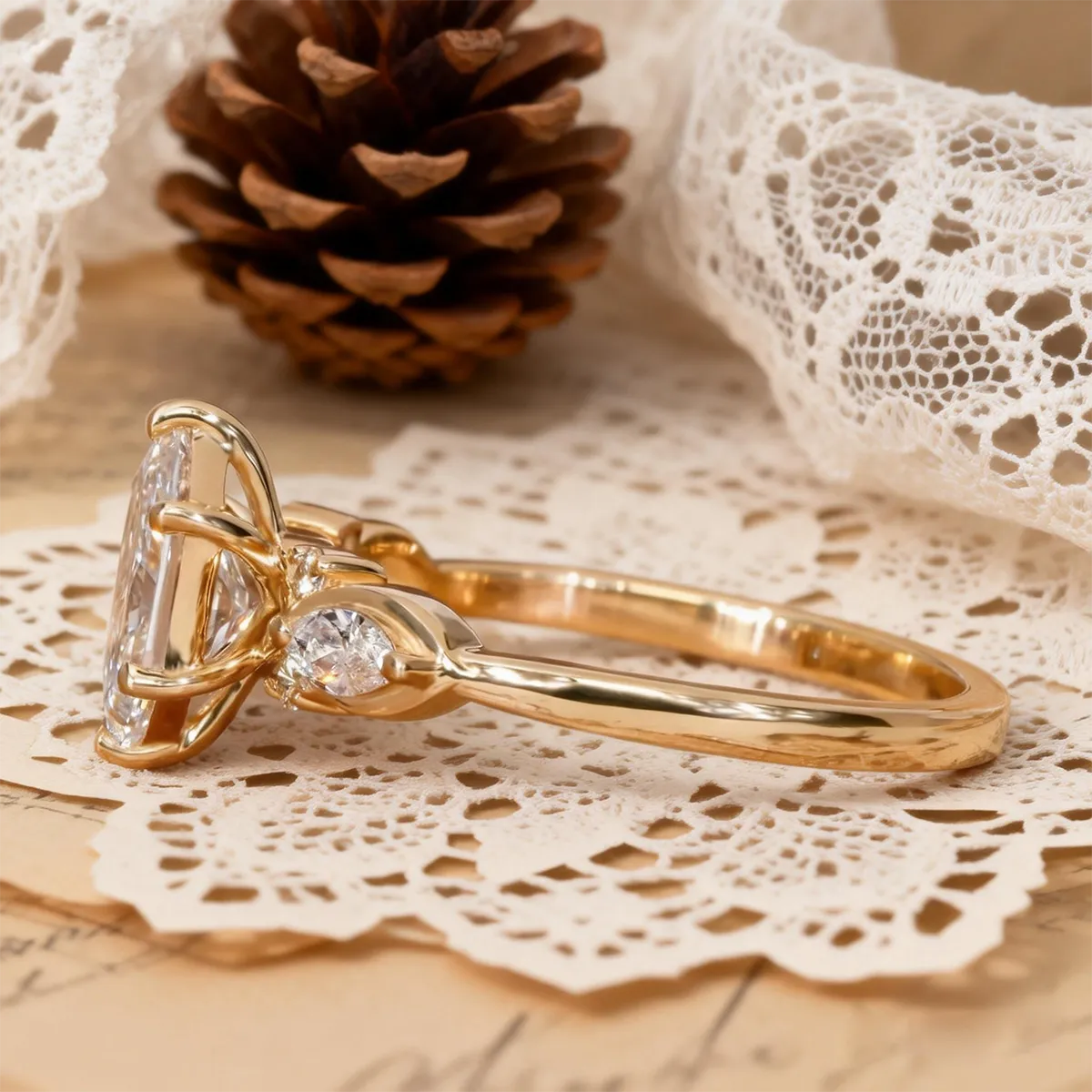 Hexagon-cut 1.5ct lab-grown diamond engagement ring with marquise and round accent stones, 14K gold band