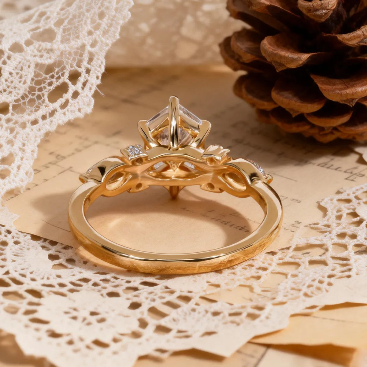 Hexagon-cut 1.5ct lab-grown diamond engagement ring with marquise and round accent stones, 14K gold band