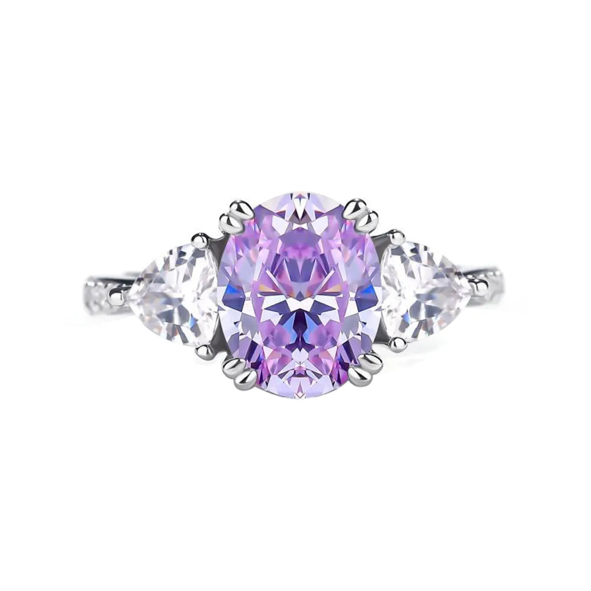 Luminous three-stone engagement ring with 1.8ct oval purple diamond center and pear-shaped white diamond side stones on 14K white gold band
