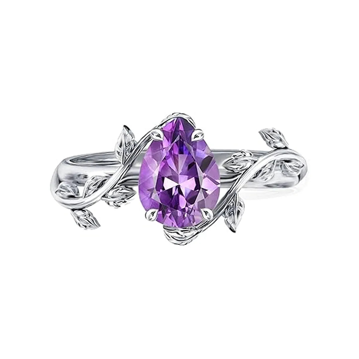 Vine wrap pear cut lab-grown purple diamond statement ring with leaf details