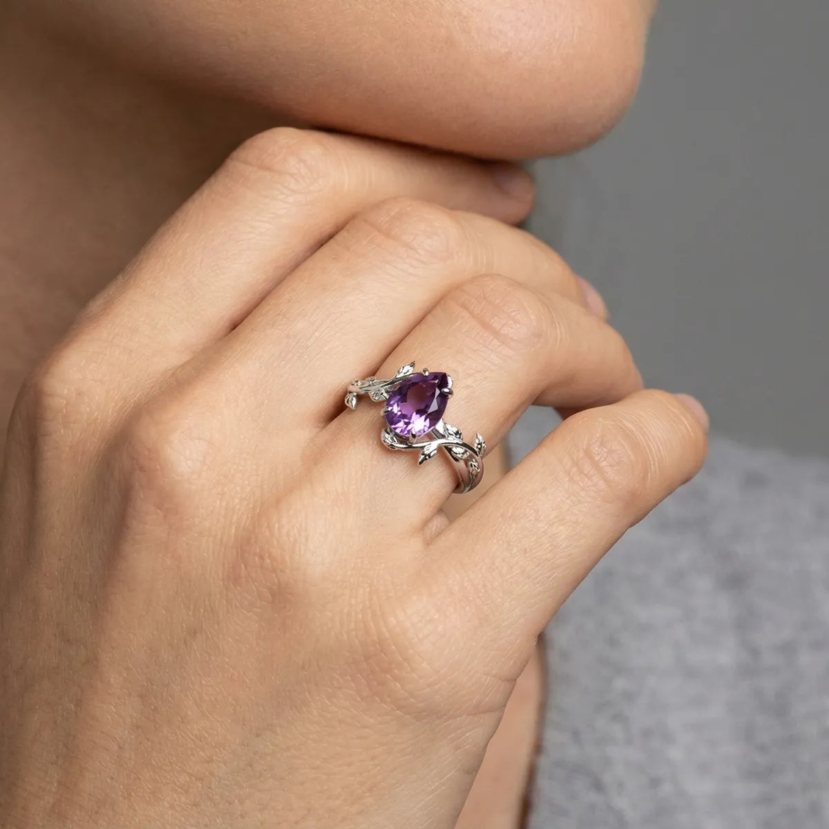 Vine wrap pear cut lab-grown purple diamond statement ring with leaf details
