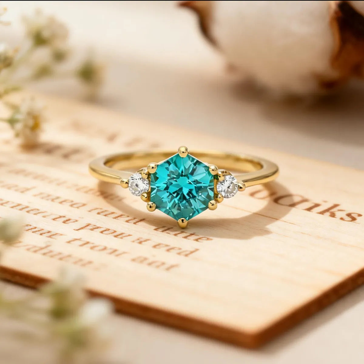 Aurora hexagon trio ring with hexagon-cut lab-grown diamond in 14k gold