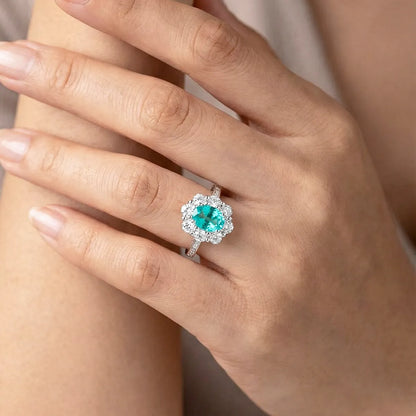 verdant halo oval ring with green lab grown diamond