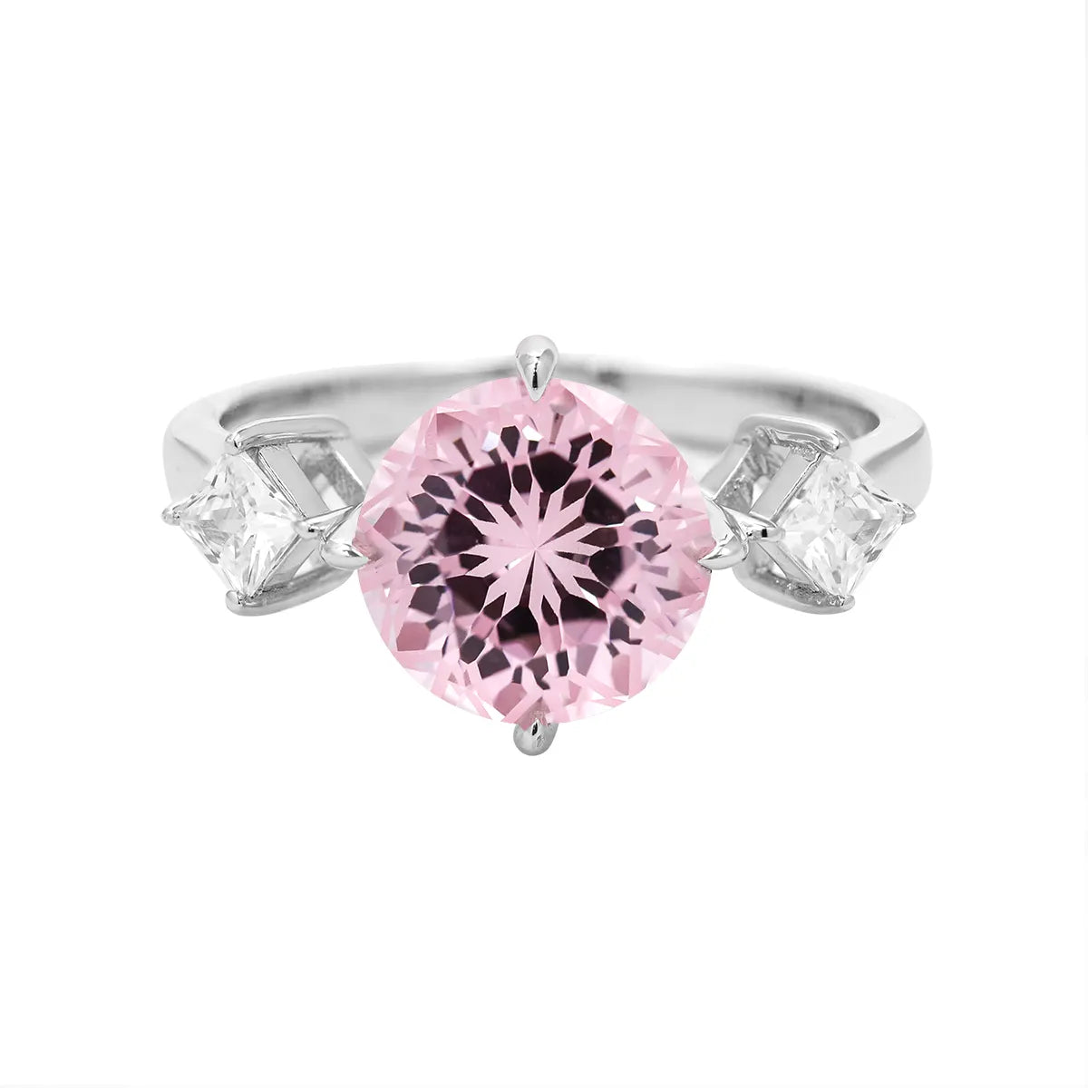 3.55ct round lab-grown Padparadscha sapphire three-stone ring in 925 sterling silver with cubic zirconia side stones, pink peach center stone approx 9mm