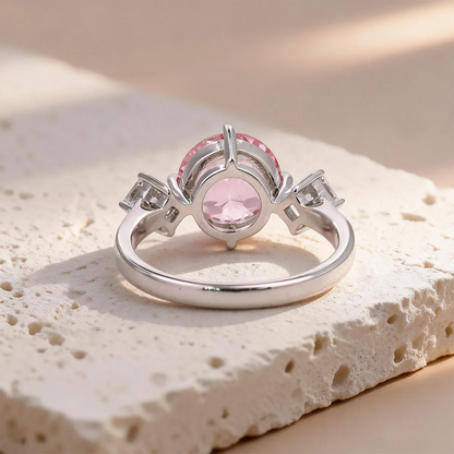 3.55ct round lab-grown Padparadscha sapphire three-stone ring in 925 sterling silver with cubic zirconia side stones, pink peach center stone approx 9mm