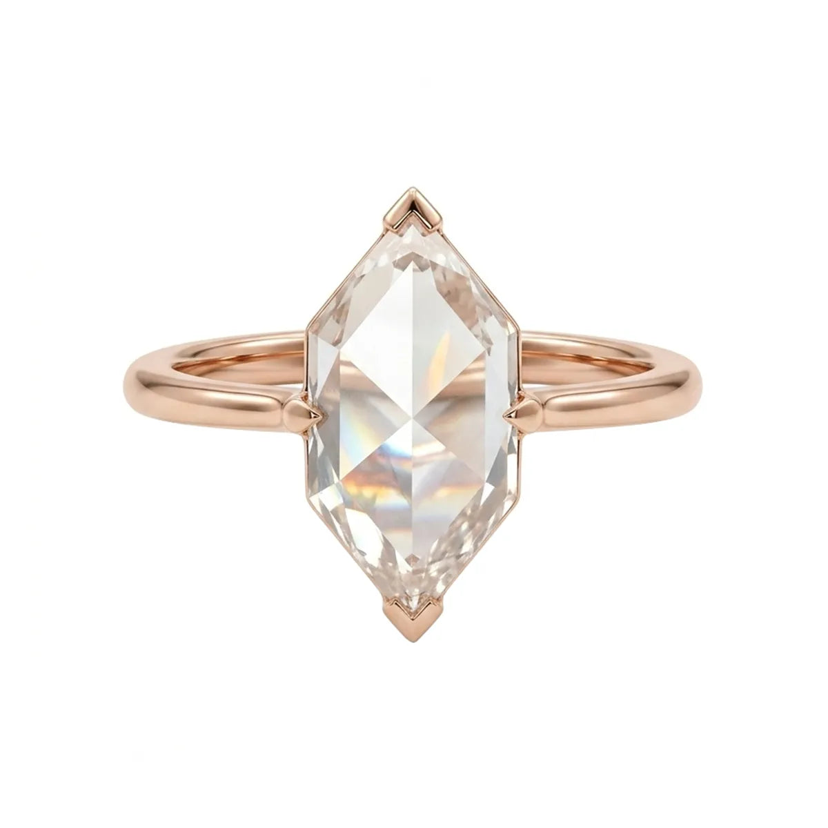 Hexagonal portrait cut 2.50ct solitaire ring in 14K rose gold with slim 1.8mm band and geometric Art Deco design.