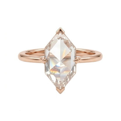 Hexagonal portrait cut 2.50ct solitaire ring in 14K rose gold with slim 1.8mm band and geometric Art Deco design.