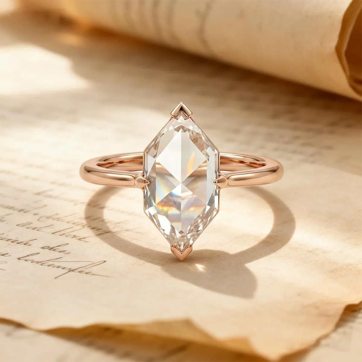 Hexagonal portrait cut 2.50ct solitaire ring in 14K rose gold with slim 1.8mm band and geometric Art Deco design.