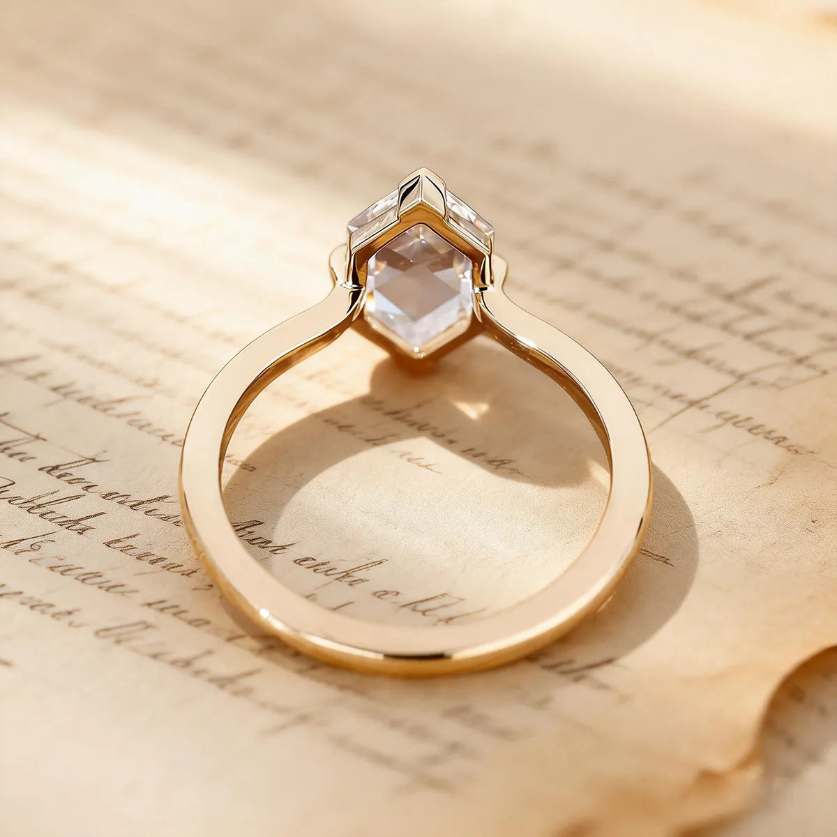 Hexagonal portrait cut 2.50ct solitaire ring in 14K rose gold with slim 1.8mm band and geometric Art Deco design.