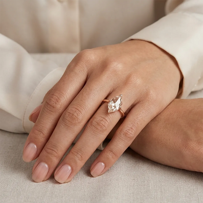 Hexagonal portrait cut 2.50ct solitaire ring in 14K rose gold with slim 1.8mm band and geometric Art Deco design.