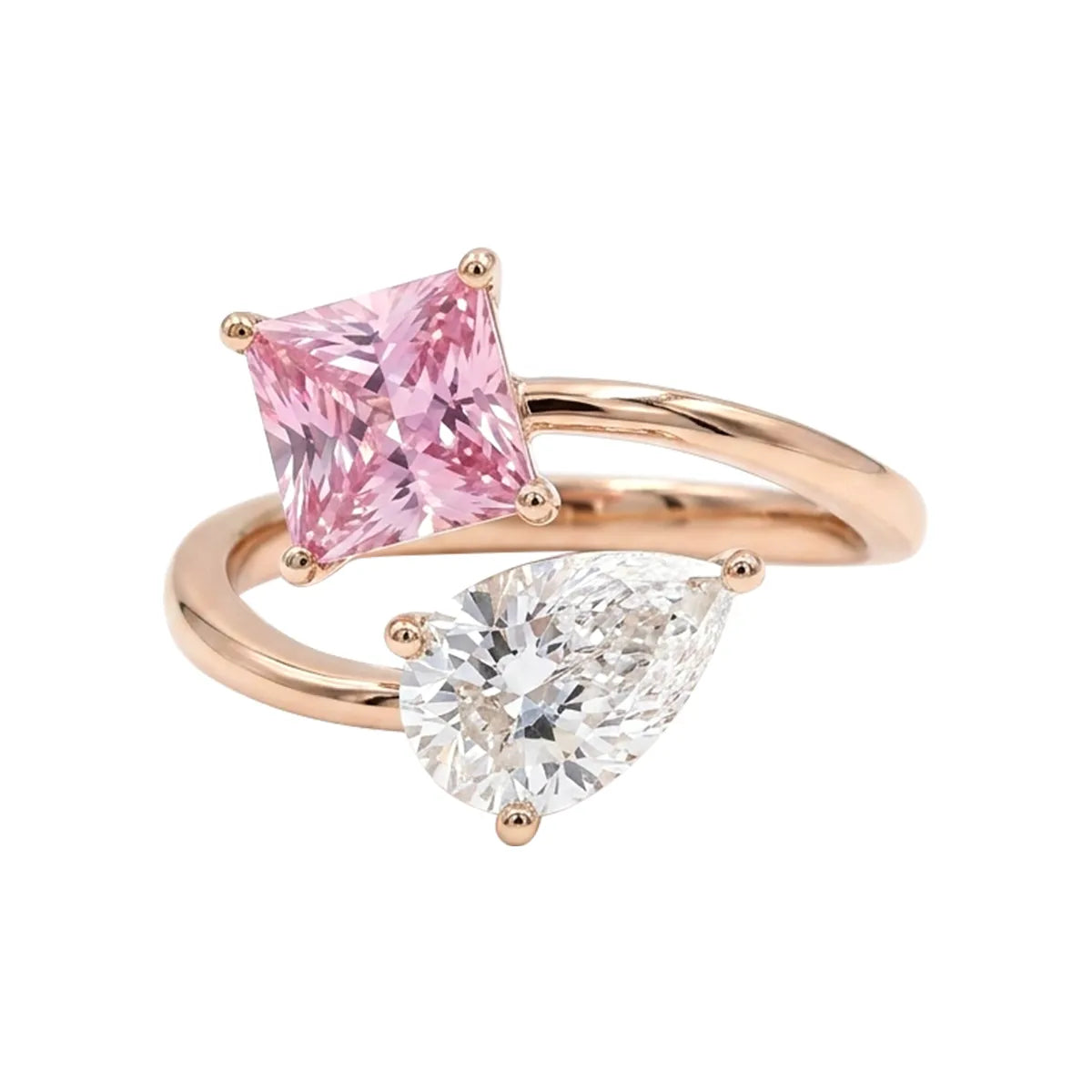 princess cut pink and pear cut white lab grown diamond toi et moi bypass ring with open two stone design