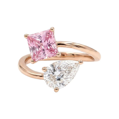 princess cut pink and pear cut white lab grown diamond toi et moi bypass ring with open two stone design