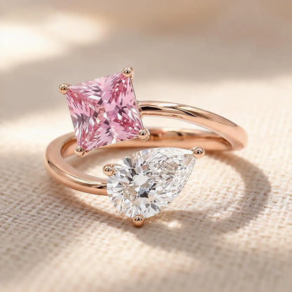 princess cut pink and pear cut white lab grown diamond toi et moi bypass ring with open two stone design